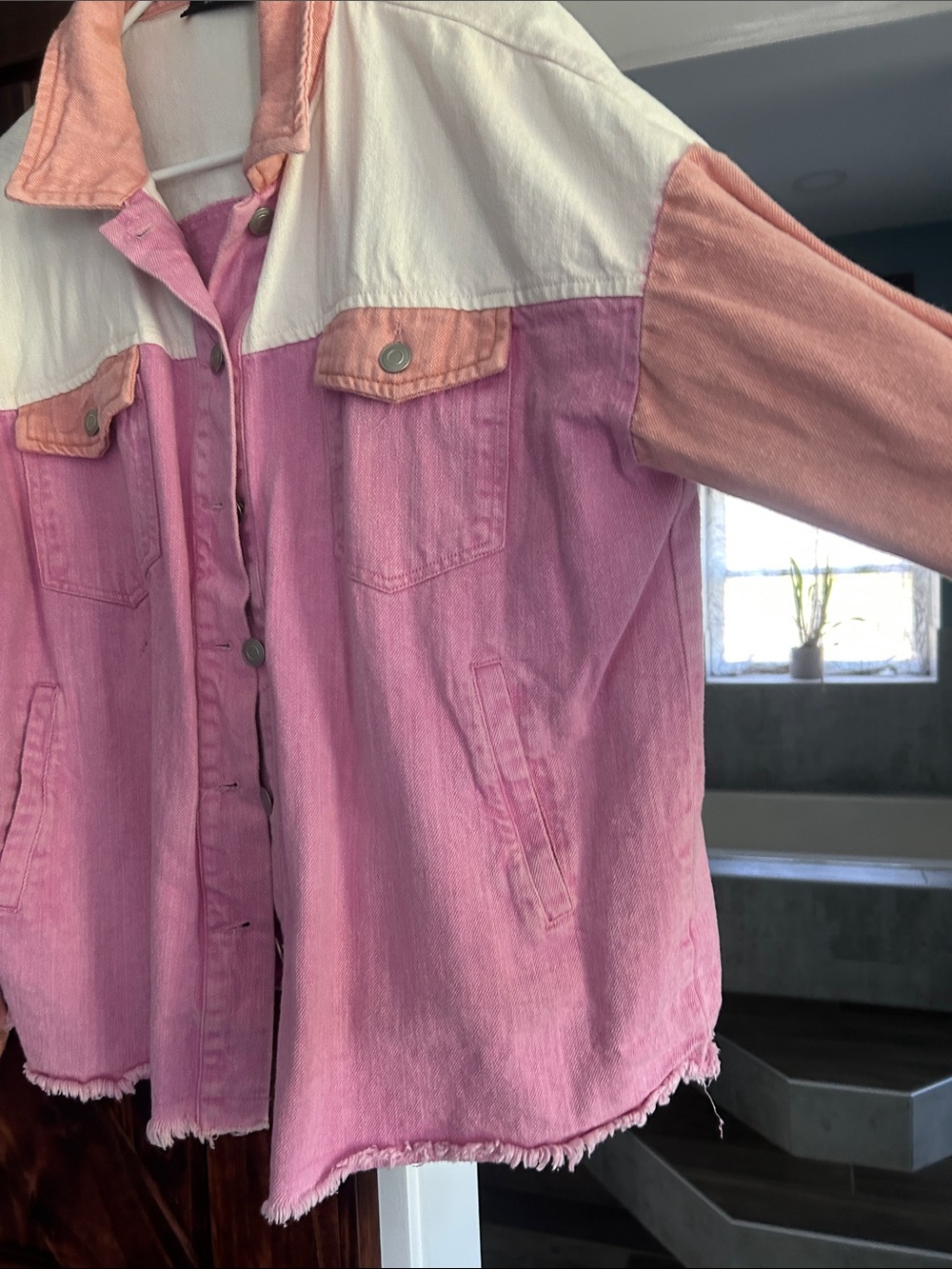 VICI Pink & Peach Colorblock Denim Shacket with White Yoke - Picture 3 of 5